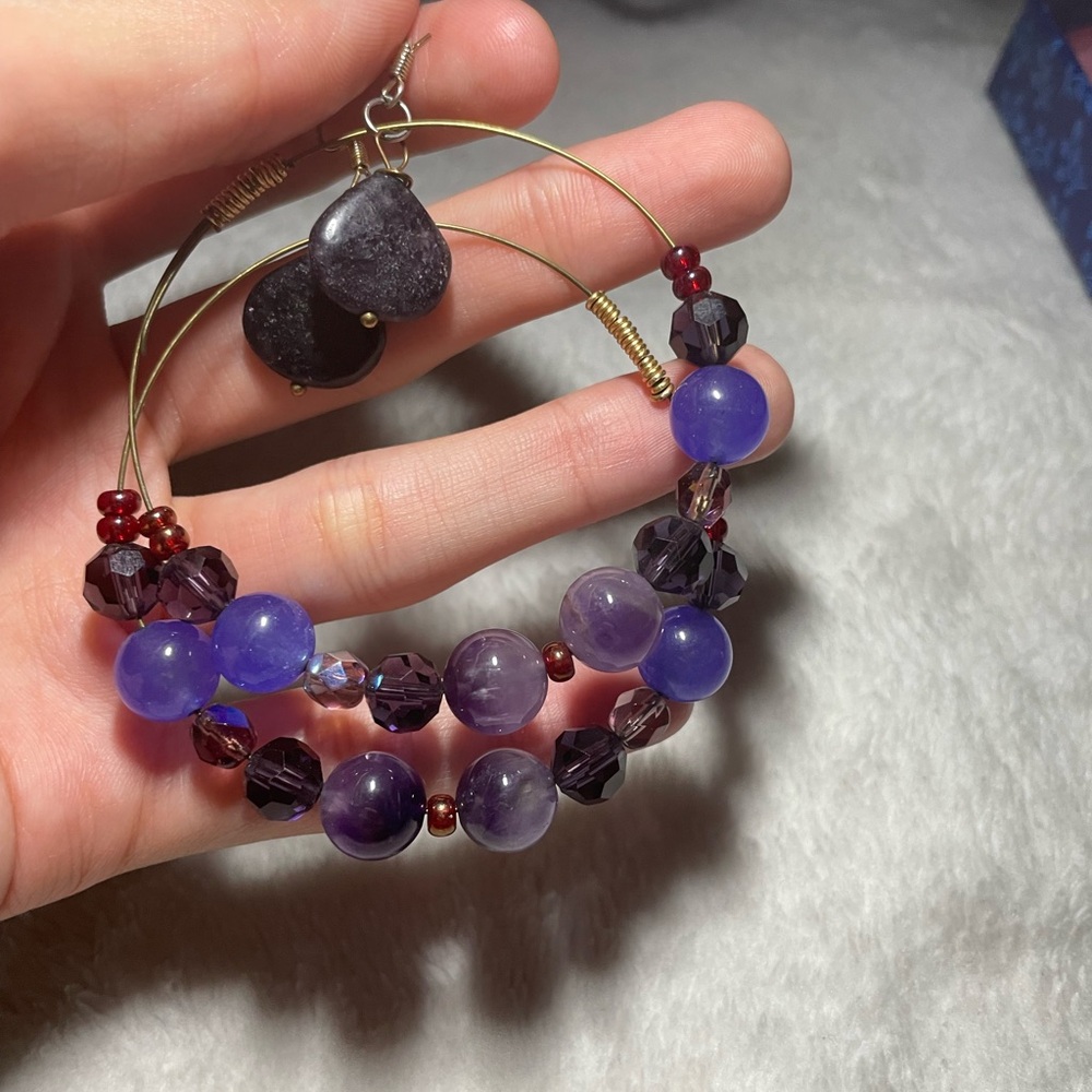 Handmade Purple Beaded Hoop Earrings with Amethyst and Charoite